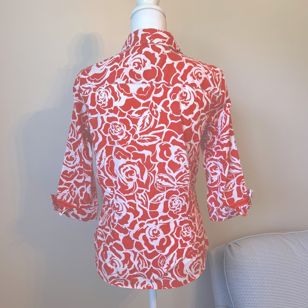 Coldwater Creek Floral Coral/ Orange & White Button Up 3/4 Sleeve Blouse… - Picture 3 of 6